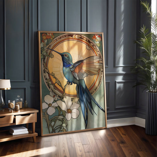Art Nouveau Hummingbird Print – Botanical Bird Wall Art – Vintage Floral Illustration – Nature-Inspired Home Decor – Whimsical Animal Artwork