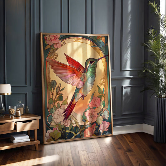 Art Nouveau Hummingbird Print – Botanical Bird Wall Art – Vintage Floral Illustration – Nature-Inspired Home Decor – Whimsical Animal Artwork