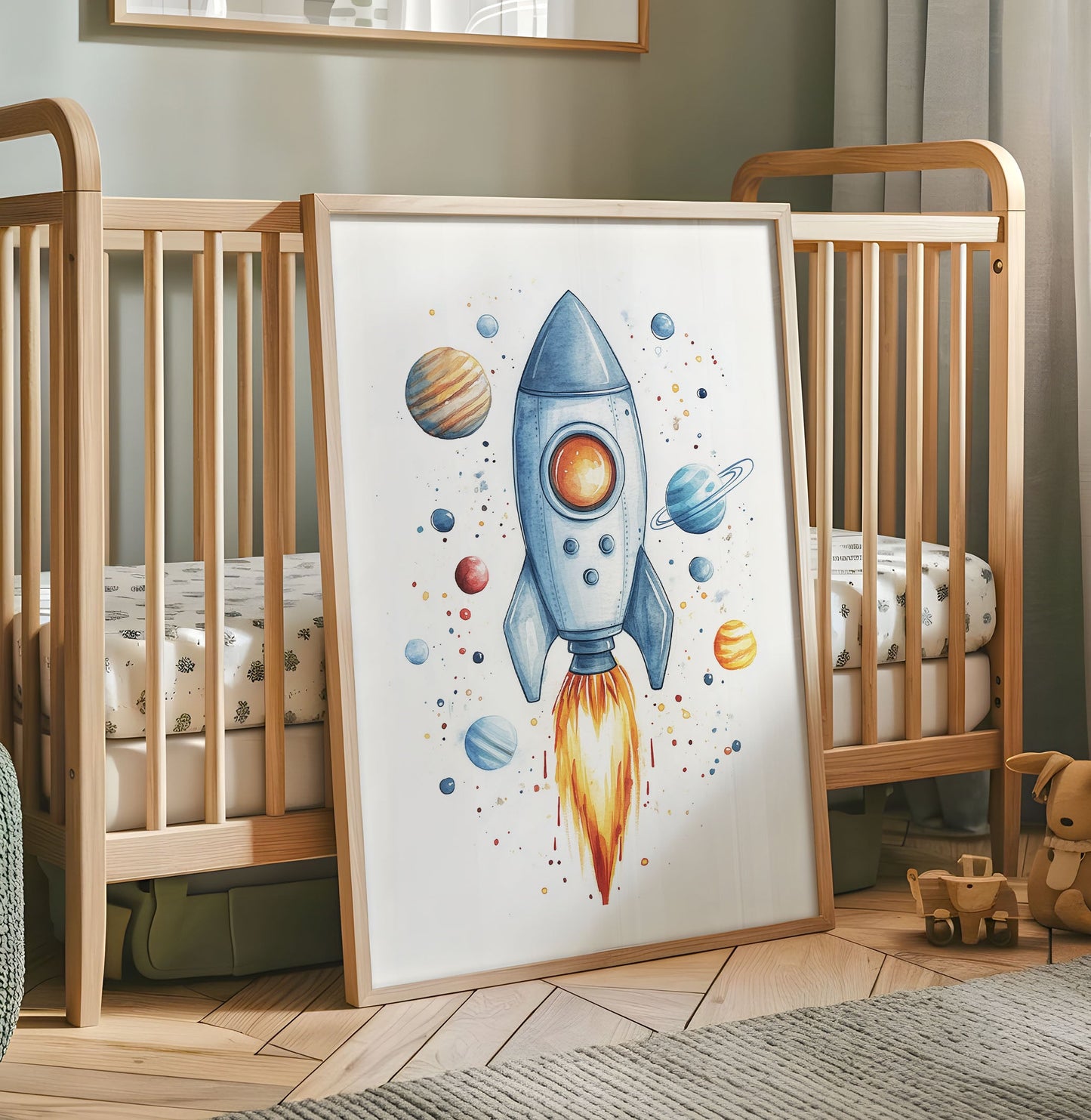 Rocket Ship Nursery Print - Outer Space Wall Art - Watercolor Spaceship Illustration - Astronaut Kids Room Decor - Galaxy Adventure Poster