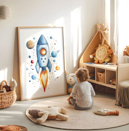 Rocket Ship Nursery Print - Outer Space Wall Art - Watercolor Spaceship Illustration - Astronaut Kids Room Decor - Galaxy Adventure Poster