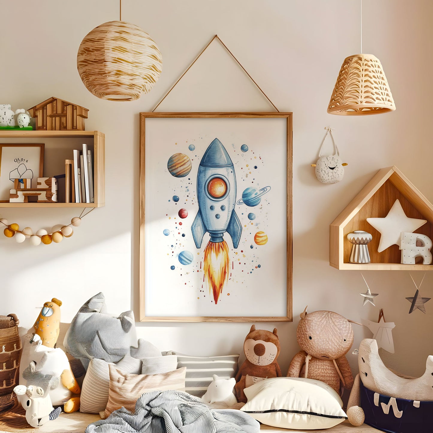 Rocket Ship Nursery Print - Outer Space Wall Art - Watercolor Spaceship Illustration - Astronaut Kids Room Decor - Galaxy Adventure Poster