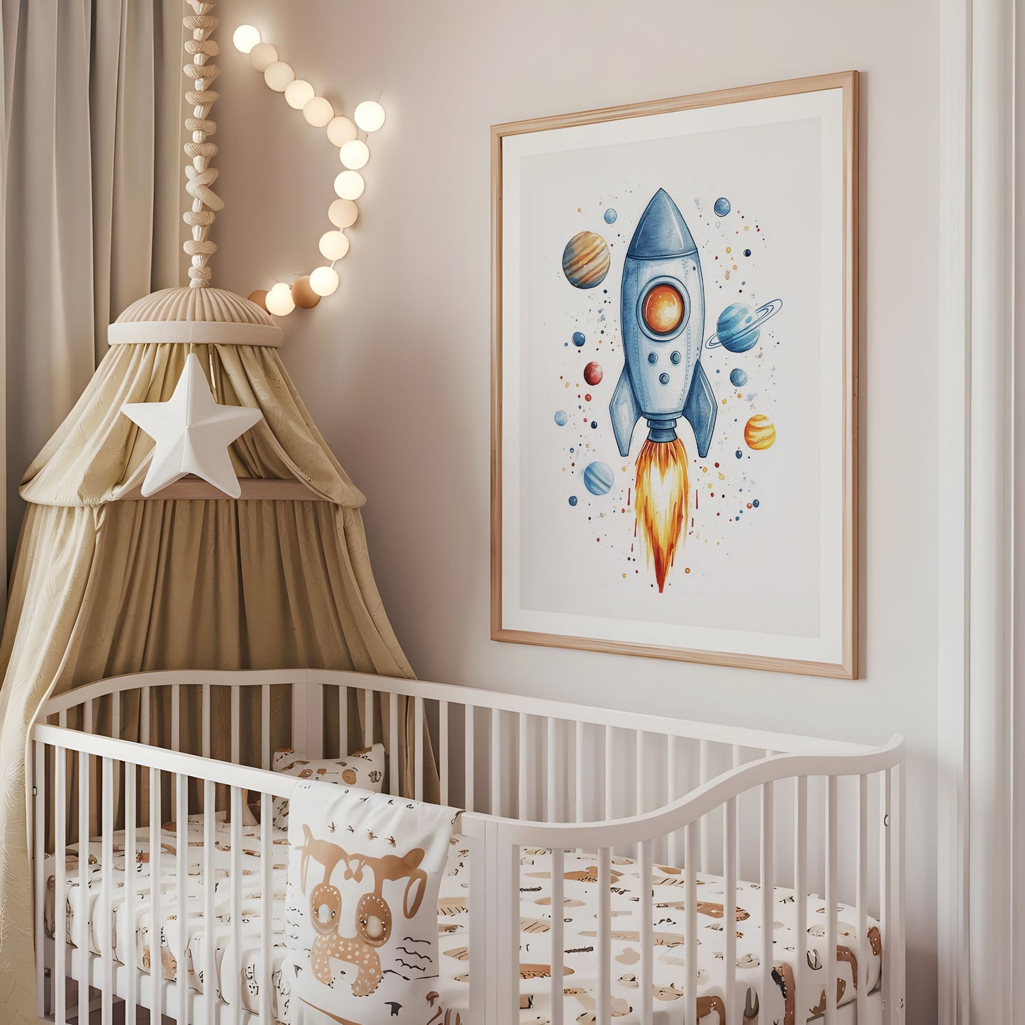 Rocket Ship Nursery Print - Outer Space Wall Art - Watercolor Spaceship Illustration - Astronaut Kids Room Decor - Galaxy Adventure Poster