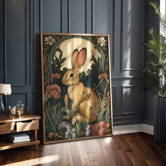 Art Nouveau Hare Print – Whimsical Rabbit Wall Art – Botanical Animal Illustration – Vintage Style Home Decor – Woodland Artwork