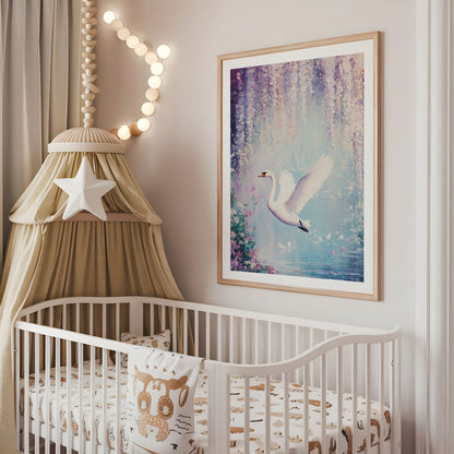 Swan Nursery Wall Art - Soft Pastel Print - Dreamy Wisteria Decor - Nursery Prints - Baby Room Artwork - Nature Theme - Pink Wall Art