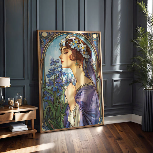 Art Nouveau Woman Print – Vintage Floral Portrait Wall Art – Romantic Lady Illustration – Botanical Home Decor – Mucha-Inspired Artwork