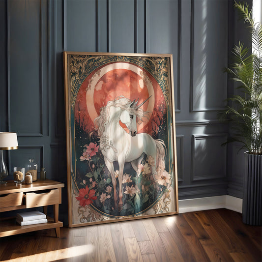 Art Nouveau Unicorn Print – Fantasy Wall Art – Mystical Creature Illustration – Floral Fairy Tale Decor – Whimsical Magical Animal Artwork