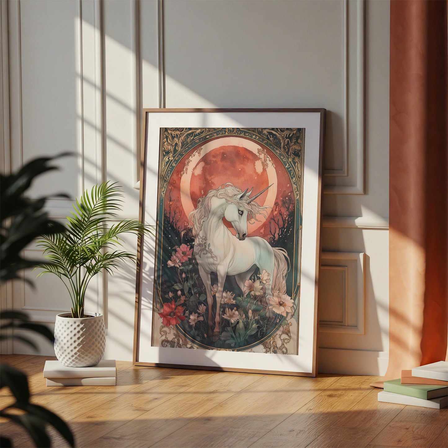 Art Nouveau Unicorn Print – Fantasy Wall Art – Mystical Creature Illustration – Floral Fairy Tale Decor – Whimsical Magical Animal Artwork