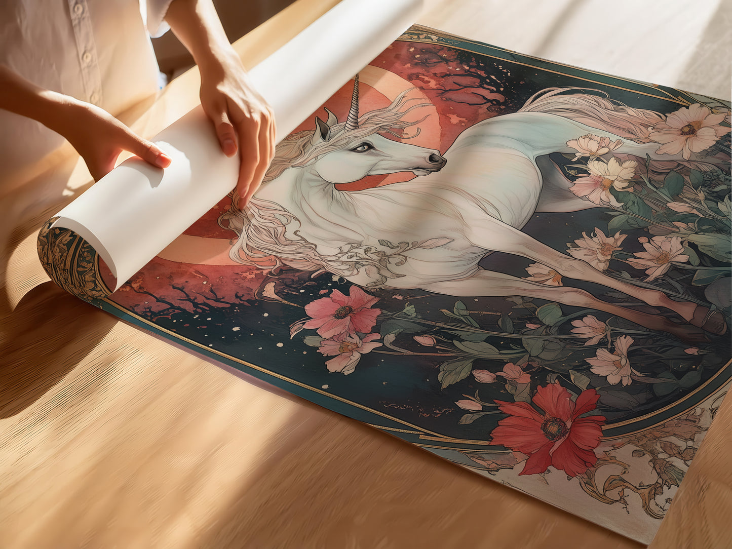 Art Nouveau Unicorn Print – Fantasy Wall Art – Mystical Creature Illustration – Floral Fairy Tale Decor – Whimsical Magical Animal Artwork