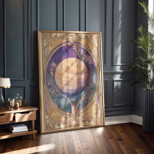 Art Nouveau Planet Print – Celestial Wall Art – Jupiter Illustration – Cosmic Space Decor – Fantasy Astronomy Artwork – Whimsical Galaxy Poster