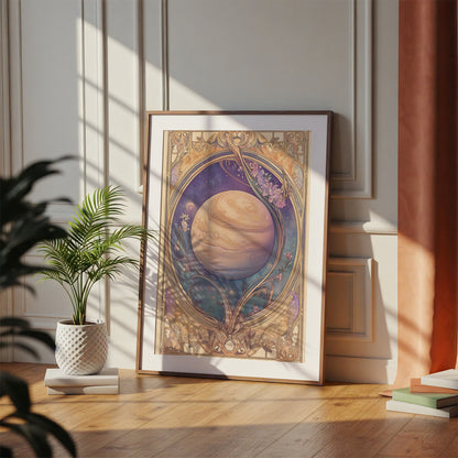 Art Nouveau Planet Print – Celestial Wall Art – Jupiter Illustration – Cosmic Space Decor – Fantasy Astronomy Artwork – Whimsical Galaxy Poster