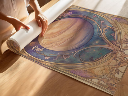 Art Nouveau Planet Print – Celestial Wall Art – Jupiter Illustration – Cosmic Space Decor – Fantasy Astronomy Artwork – Whimsical Galaxy Poster
