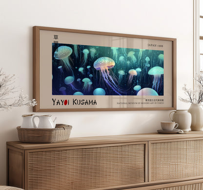 Japanese Jellyfish Print - Panoramic Art, Deep Sea Ocean, Relaxing Home & Office Décor, Bioluminescent Marine Poster, Jellyfish Wall Art