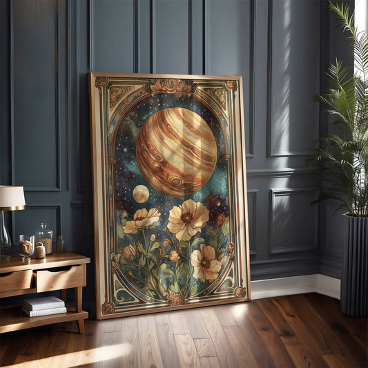 Art Nouveau Jupiter Print – Celestial Wall Art – Space and Flowers Illustration – Planetary Decor – Fantasy Astronomy Artwork – Cosmic Poster
