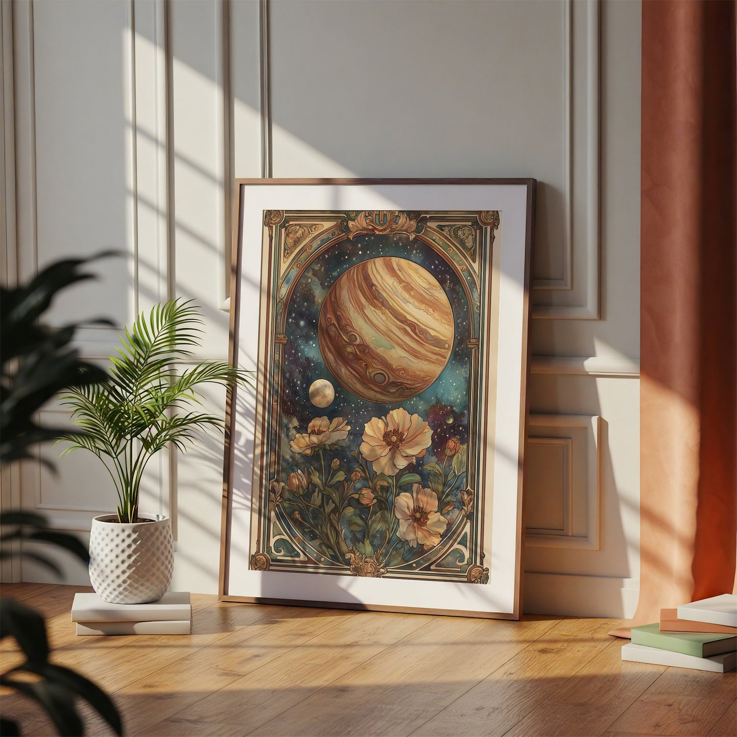 Art Nouveau Jupiter Print – Celestial Wall Art – Space and Flowers Illustration – Planetary Decor – Fantasy Astronomy Artwork – Cosmic Poster