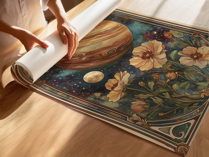 Art Nouveau Jupiter Print – Celestial Wall Art – Space and Flowers Illustration – Planetary Decor – Fantasy Astronomy Artwork – Cosmic Poster