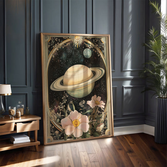 Art Nouveau Planet Print – Celestial Wall Art – Solar System Print – Botanical Decor – Floral Artwork