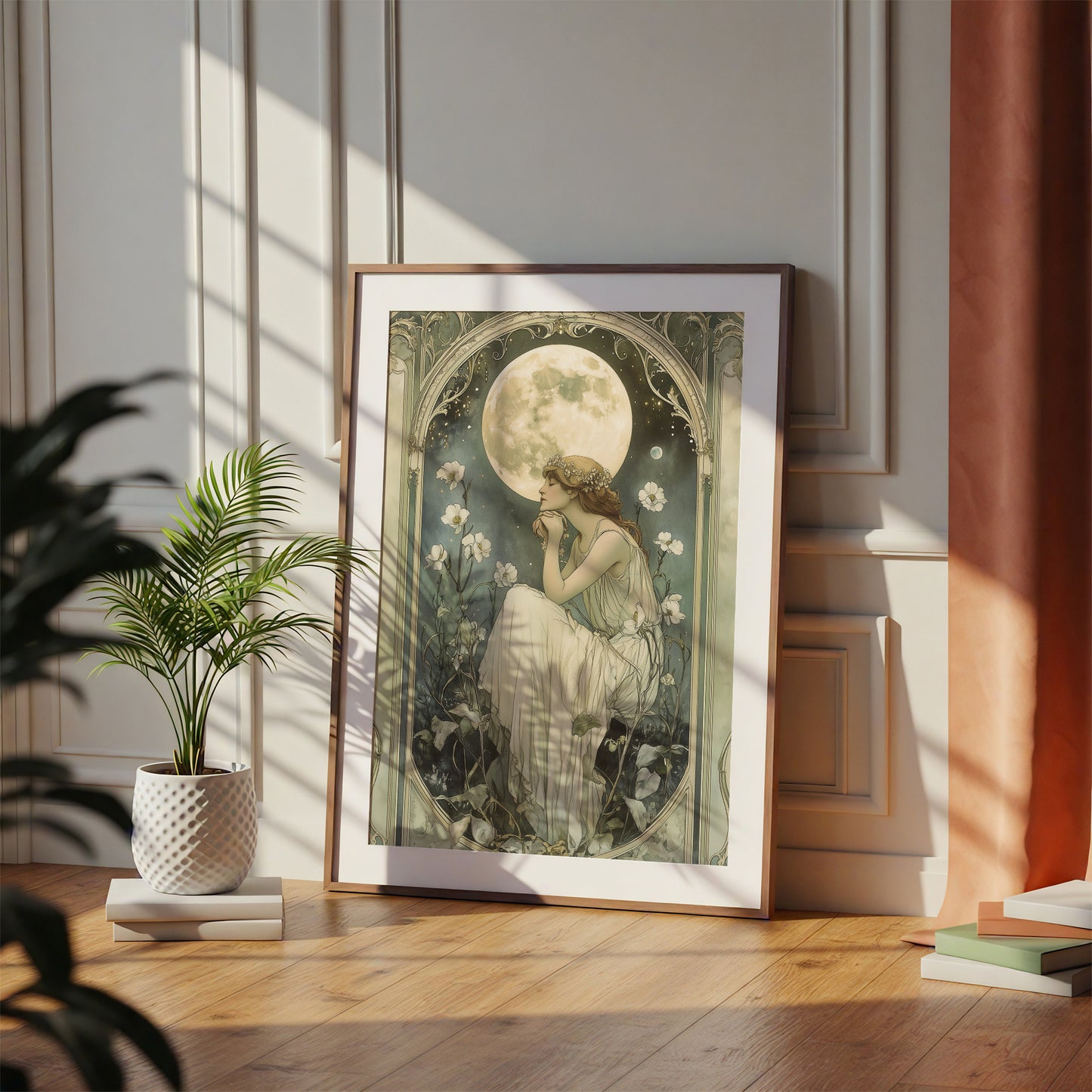 Art Nouveau Print – Celestial Wall Art – Botanical Decor – Floral Artwork - Moonlit Goddess Art Print