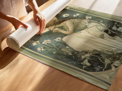 Art Nouveau Print – Celestial Wall Art – Botanical Decor – Floral Artwork - Moonlit Goddess Art Print
