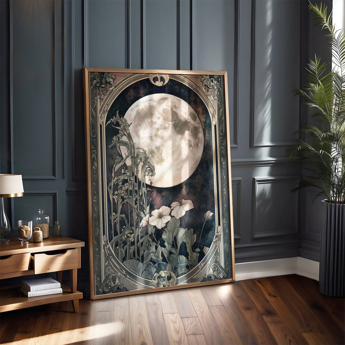 Art Nouveau Moon Print – Celestial Wall Art – Botanical Decor – Floral Artwork
