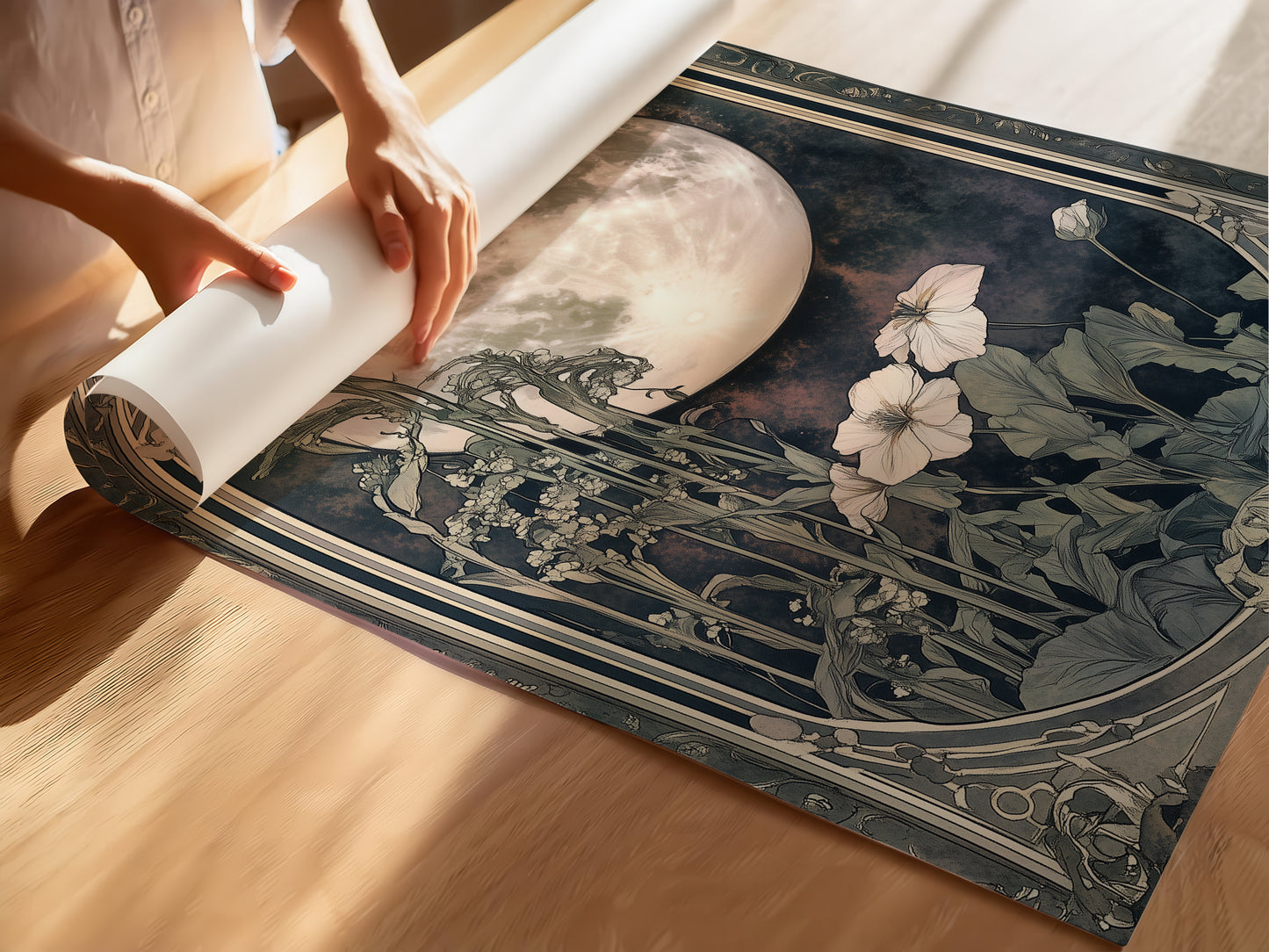 Art Nouveau Moon Print – Celestial Wall Art – Botanical Decor – Floral Artwork