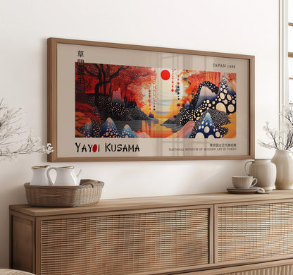 Japanese Landscape Art, Red Sun Print, Modern Kusama Style, Abstract Nature Poster, Zen Wall Decor, Museum Quality Japanese