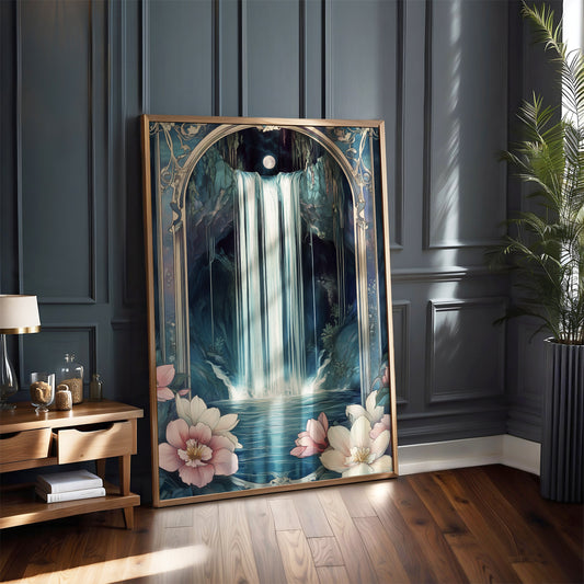 Art Nouveau Waterfall Print –  Celestial Wall Art – Botanical Decor – Floral Animal Artwork - Vintage Home Decor