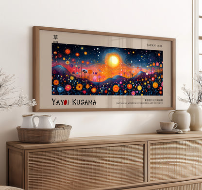 Yayoi Kusama Panoramic Print - Colourful Floral Sunset, Japanese Wall Art, Dreamy Abstract Wall Decor, Exhibition Poster