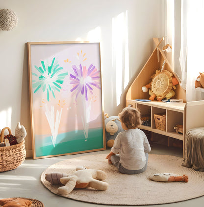 Fireworks Over Ocean Print - Nursery Wall Art - Whimsical Baby Room Poster - Pastel Nursery Decor - Colourful Playroom Print