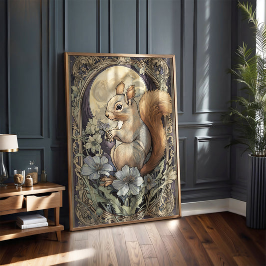 Art Nouveau Squirrel Print –  Celestial Wall Art – Botanical Decor – Floral Woodland Artwork - Vintage Home Decor