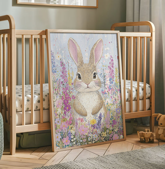 Bunny Print - Fantasy Floral Artwork - Fairytale Wall Art - Pastel Rabbit Poster - Colourful Cottagecore Room Decor - Nursery Art Print