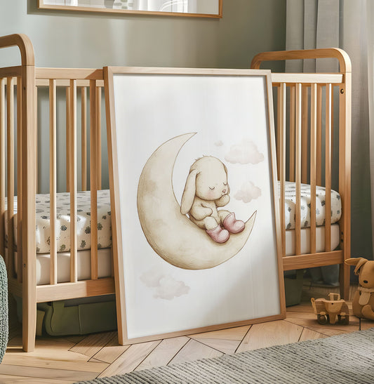 Sleepy Bunny Moon Nursery Print – Cute Baby Rabbit Wall Art - Neutral Wall Art - Nursery Moon Print - Baby Room - Nursery Print - Play Room