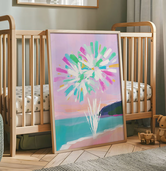 Fireworks Over Ocean Print - Nursery Wall Art - Whimsical Baby Room Poster - Pastel Nursery Decor - Colourful Playroom Print