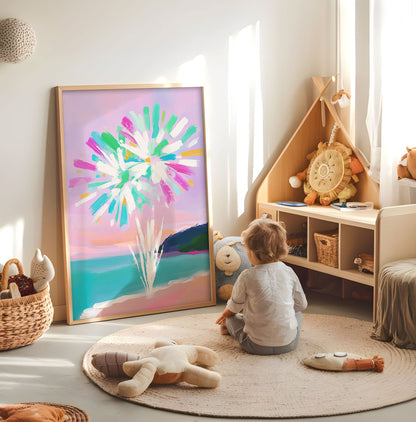 Fireworks Over Ocean Print - Nursery Wall Art - Whimsical Baby Room Poster - Pastel Nursery Decor - Colourful Playroom Print