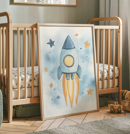 Rocket Ship Nursery Print - Outer Space Wall Art - Watercolor Spaceship Illustration - Astronaut Kids Room Decor - Galaxy Adventure Poster