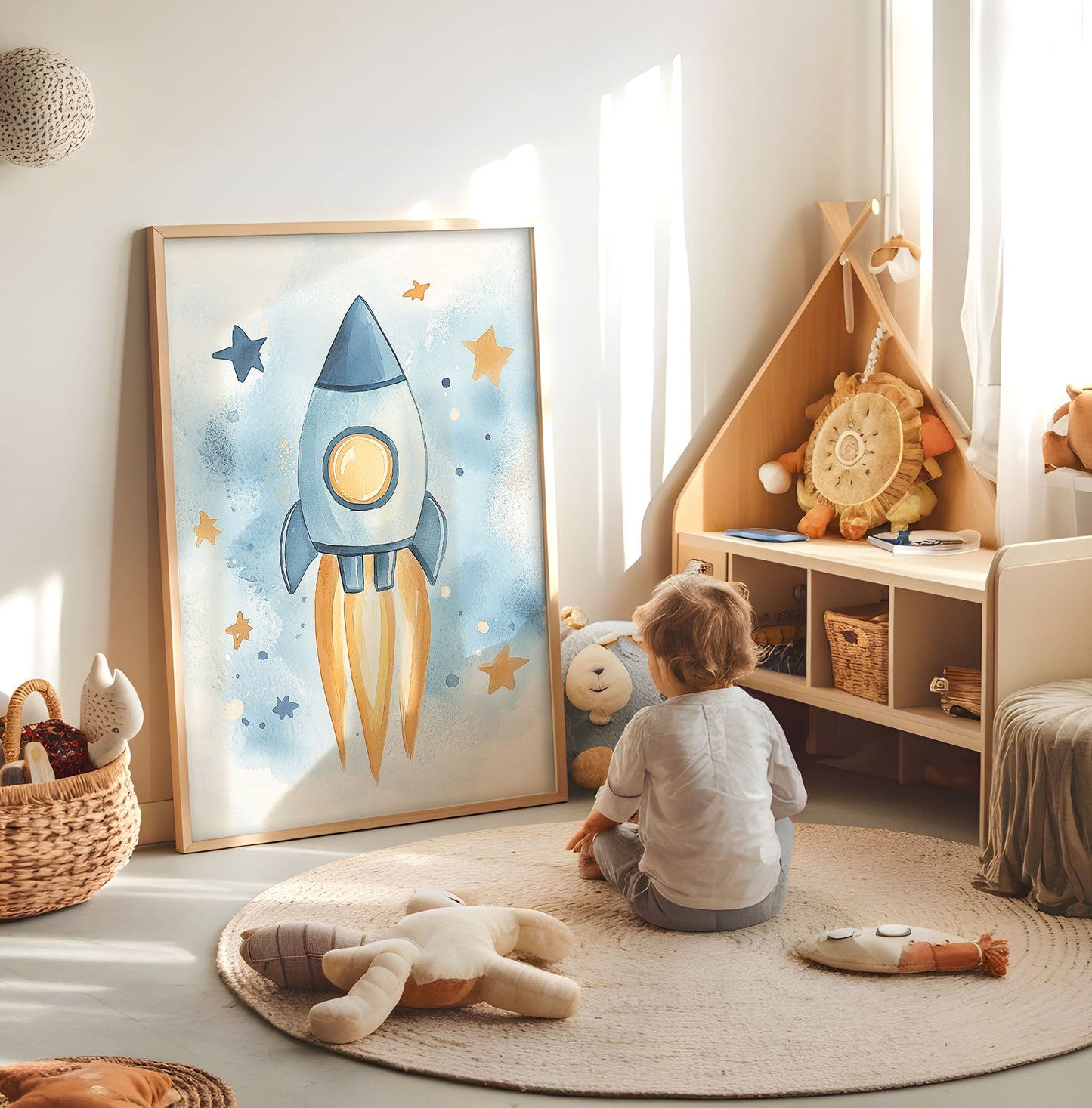 Rocket Ship Nursery Print - Outer Space Wall Art - Watercolor Spaceship Illustration - Astronaut Kids Room Decor - Galaxy Adventure Poster