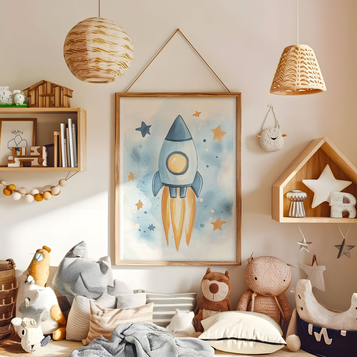 Rocket Ship Nursery Print - Outer Space Wall Art - Watercolor Spaceship Illustration - Astronaut Kids Room Decor - Galaxy Adventure Poster