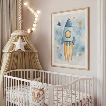 Rocket Ship Nursery Print - Outer Space Wall Art - Watercolor Spaceship Illustration - Astronaut Kids Room Decor - Galaxy Adventure Poster