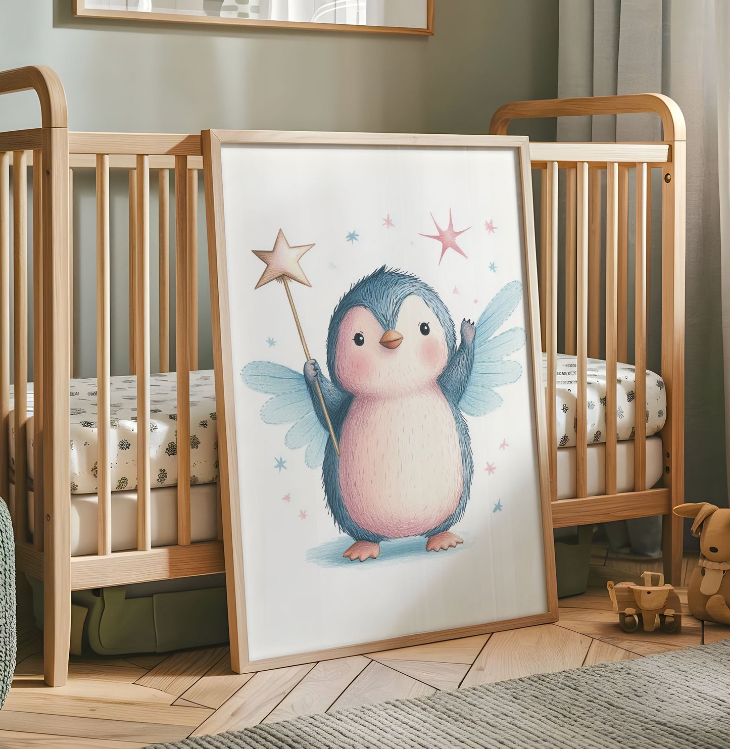 Penguin Nursery Print - Cute Woodland Animal Wall Art - Whimsical Kids Room Decor - Fairytale Baby Poster - Neutral Nursery Print