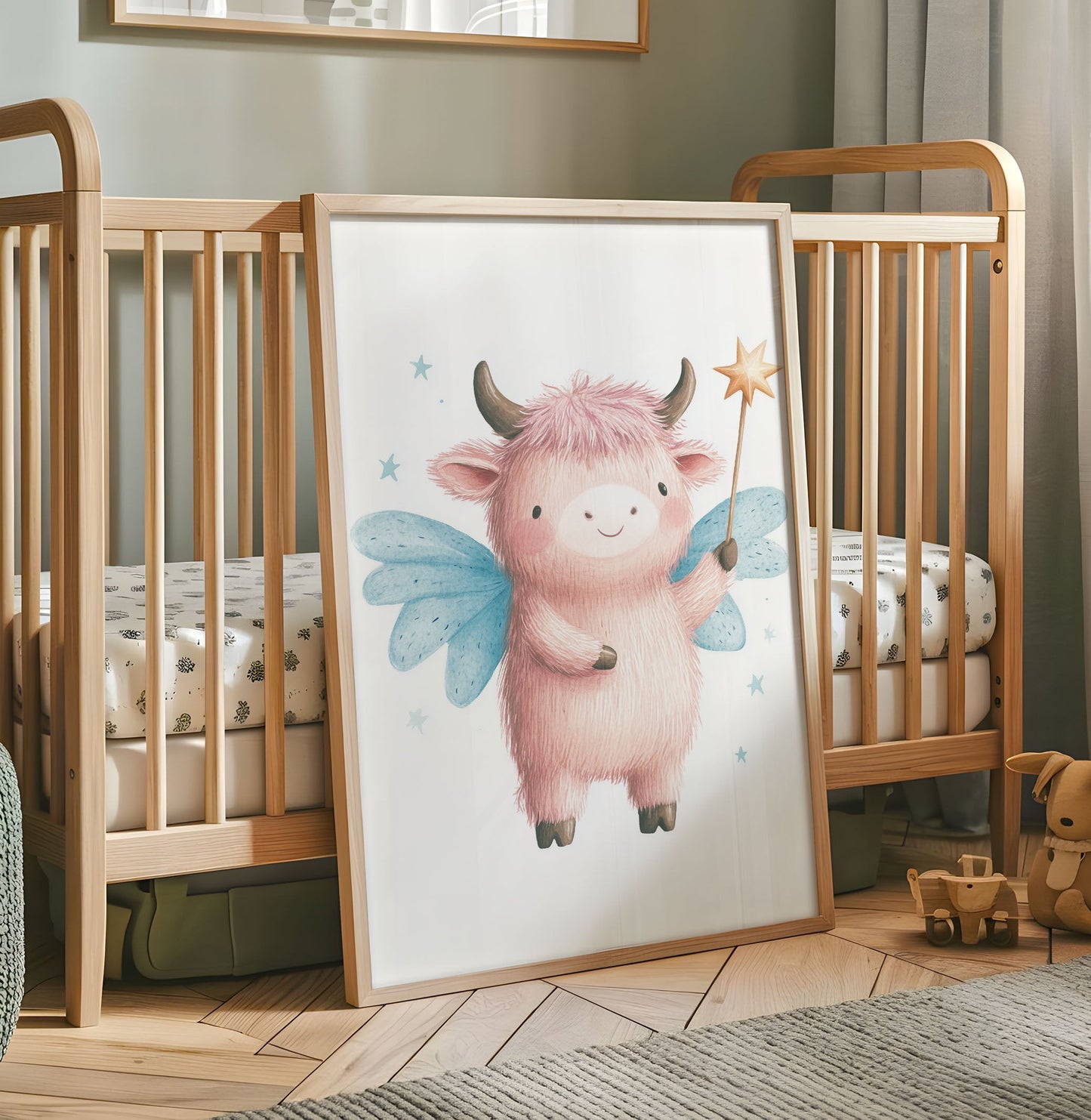 Highland Cow Nursery Print - Cute Farm Animal Wall Art - Kids Room Decor - Fairytale Baby Poster - Neutral Nursery Print - Fairy Animal