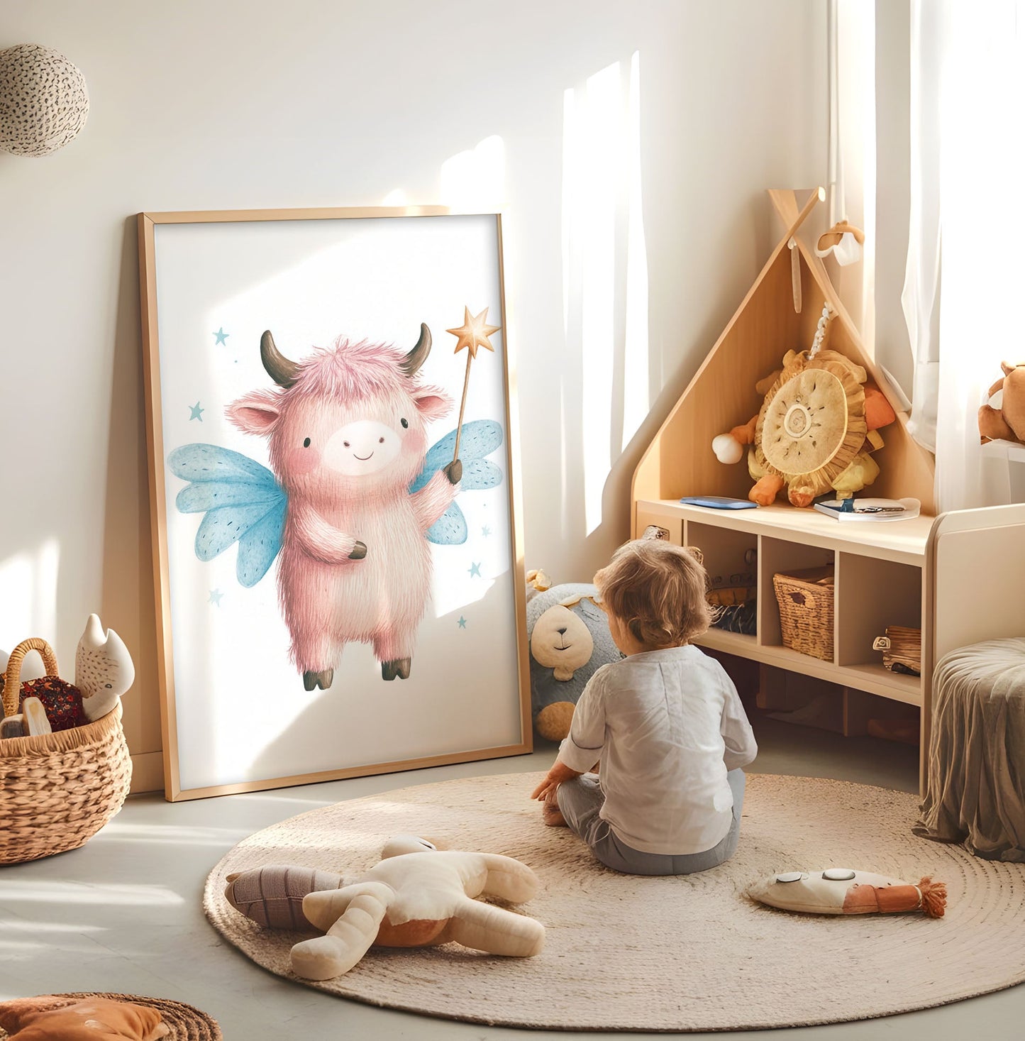 Highland Cow Nursery Print - Cute Farm Animal Wall Art - Kids Room Decor - Fairytale Baby Poster - Neutral Nursery Print - Fairy Animal