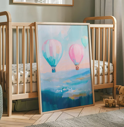 Hot Air Balloon Print - Nursery Wall Art - Pastel Baby Room Poster - Pastel Nursery Decor - Colourful Playroom Print