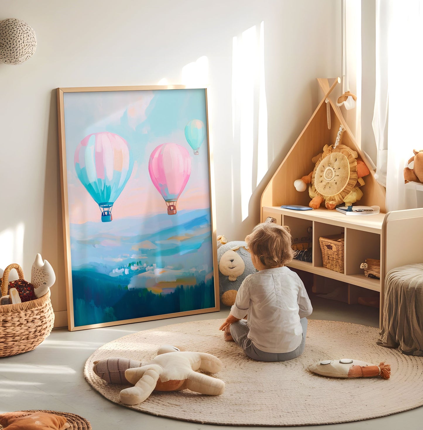 Hot Air Balloon Print - Nursery Wall Art - Pastel Baby Room Poster - Pastel Nursery Decor - Colourful Playroom Print