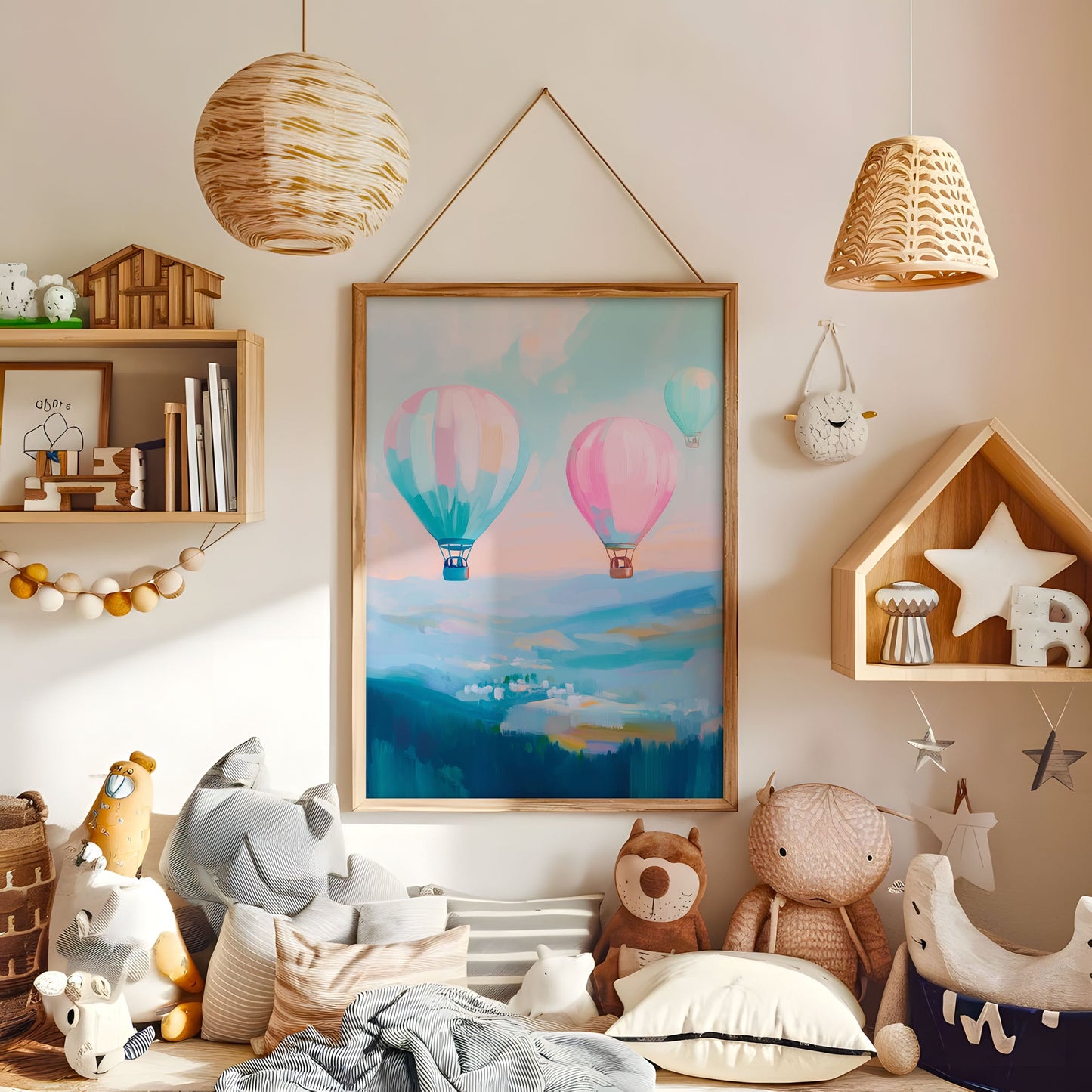 Hot Air Balloon Print - Nursery Wall Art - Pastel Baby Room Poster - Pastel Nursery Decor - Colourful Playroom Print