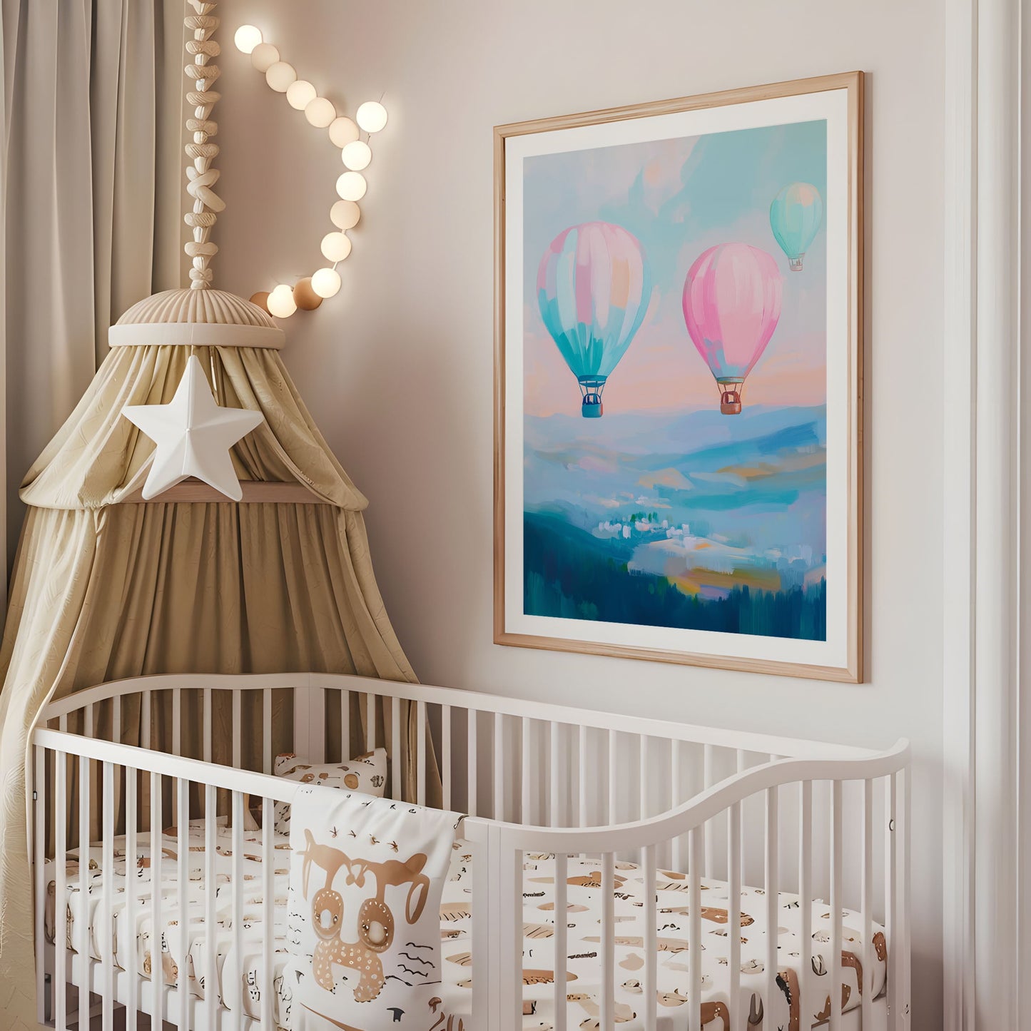 Hot Air Balloon Print - Nursery Wall Art - Pastel Baby Room Poster - Pastel Nursery Decor - Colourful Playroom Print