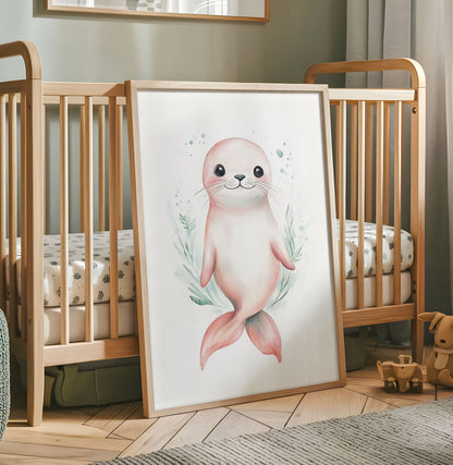 Whimsical Seal Art Print – Cute Ocean Animal Nursery Decor, Coastal Kids Room Wall Art, Soft Pastel Sea Life Poster, Neutral Baby Poster