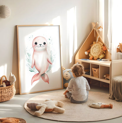 Whimsical Seal Art Print – Cute Ocean Animal Nursery Decor, Coastal Kids Room Wall Art, Soft Pastel Sea Life Poster, Neutral Baby Poster