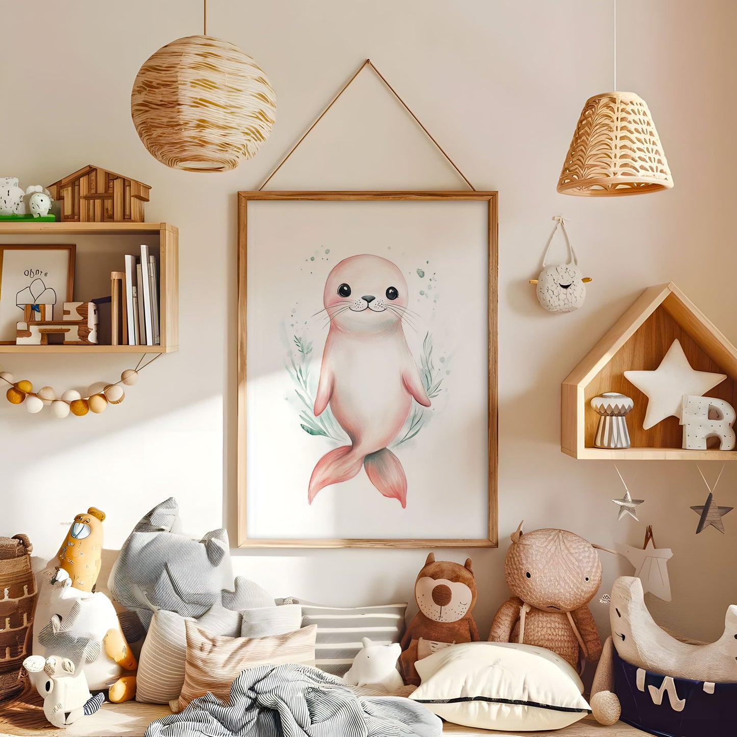 Whimsical Seal Art Print – Cute Ocean Animal Nursery Decor, Coastal Kids Room Wall Art, Soft Pastel Sea Life Poster, Neutral Baby Poster