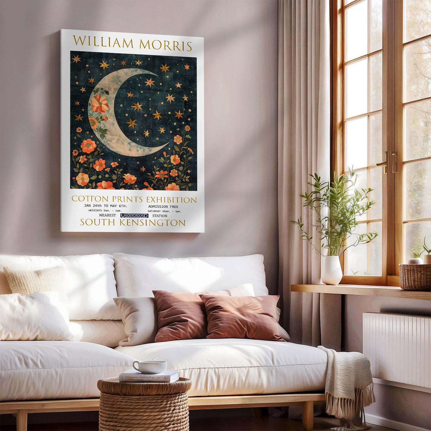 William Morris Canvas, William Morris Exhibition Print on Canvas, William Morris Print, Floral Canvas, Textiles Art, Moon & Stars Canvas