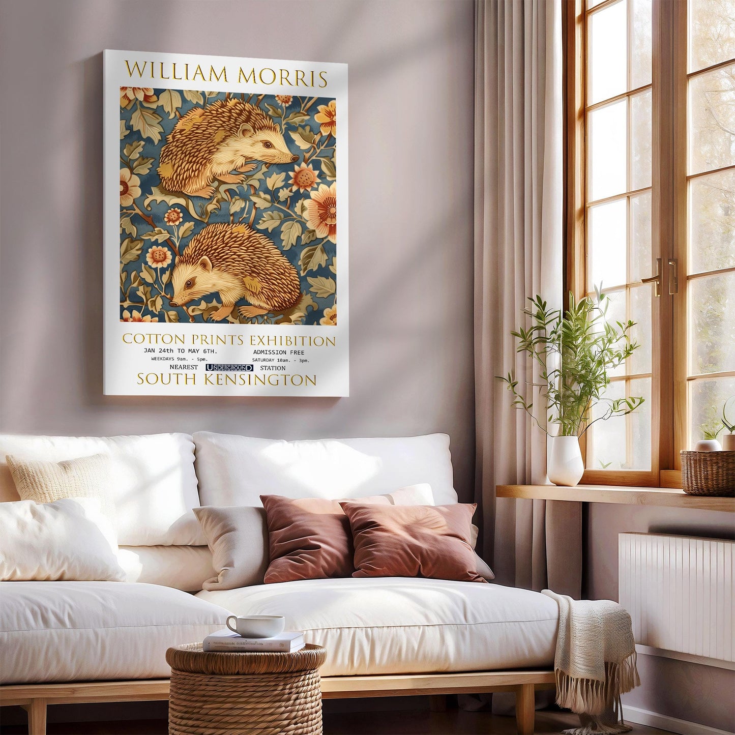 William Morris Canvas, William Morris Exhibition Poster, William Morris Print, Textile Canvas Art, Floral Wall Art, Hedgehogs Canvas