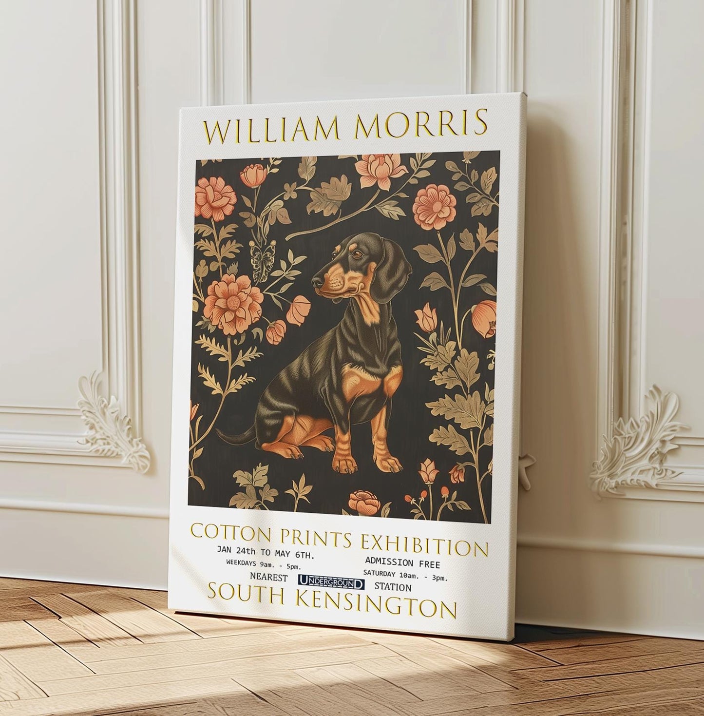 William Morris Dachshund Canvas, William Morris Exhibition Poster, William Morris Print, Textiles Canvas, Floral Wall Art, Canvas Art Print